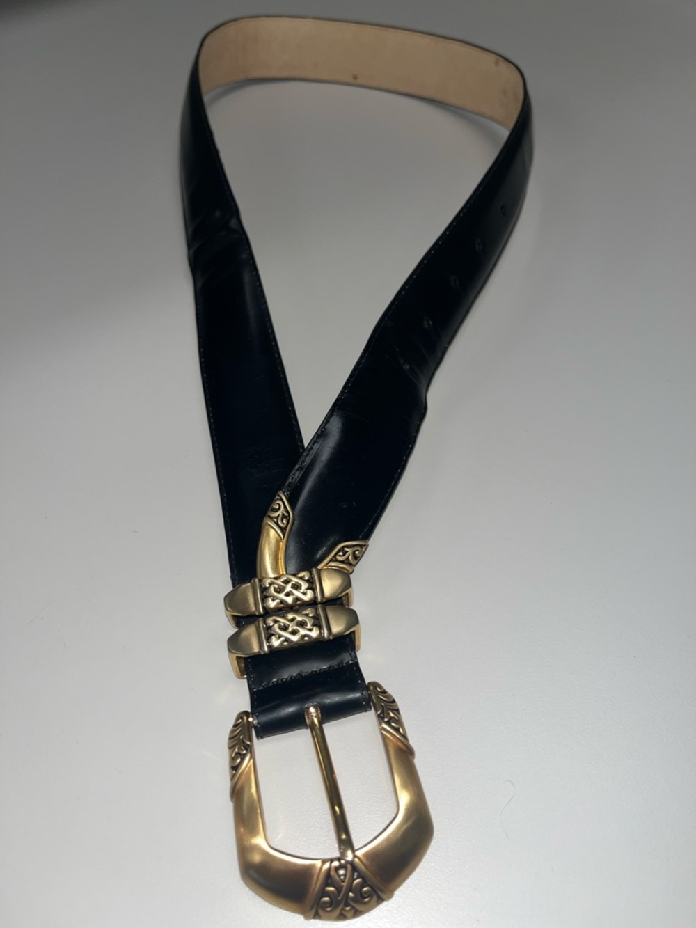 Brighton Black Leather Belt with Gold Decorative Buckle